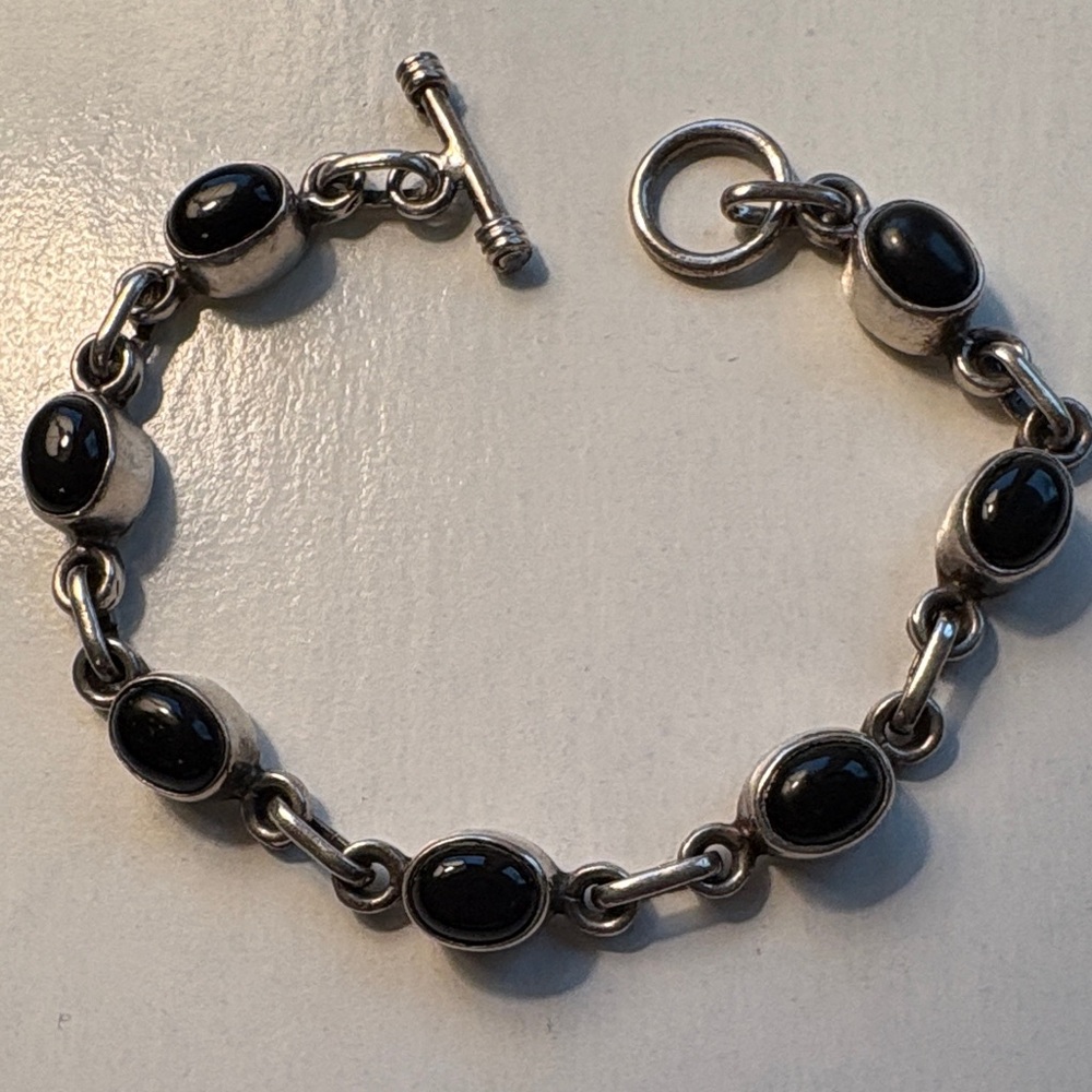 Sterling Silver Chain Link and Black Onyx Bracelet